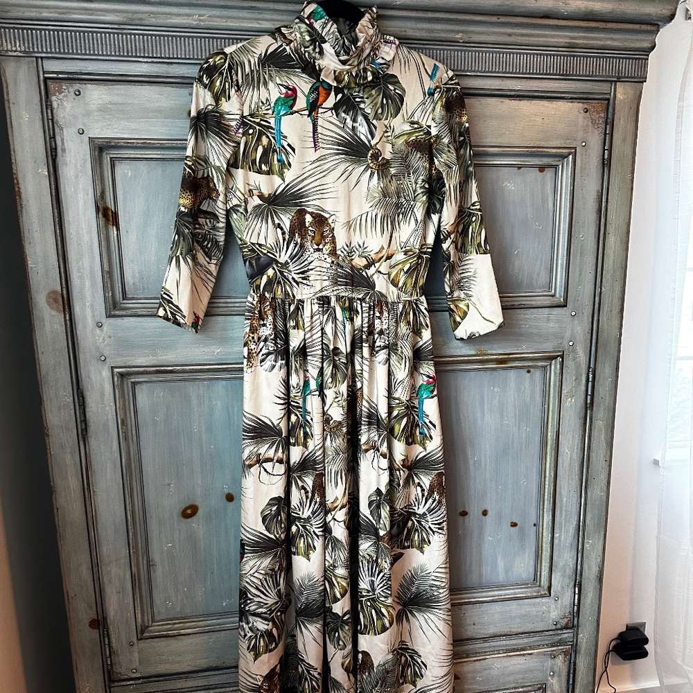 Zimmermann Cream Tropical Midi Dress with Green and Teal Accents